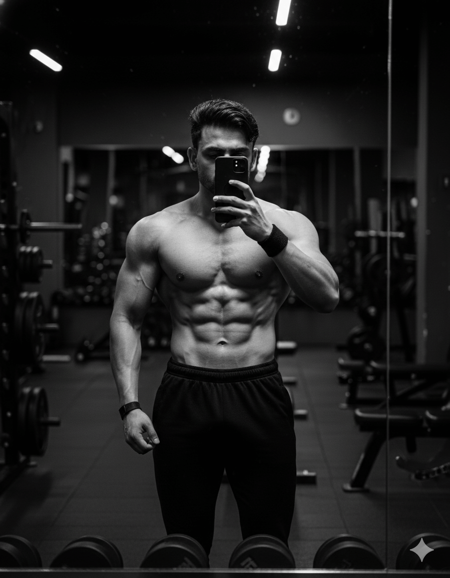 Muscular man takes selfie