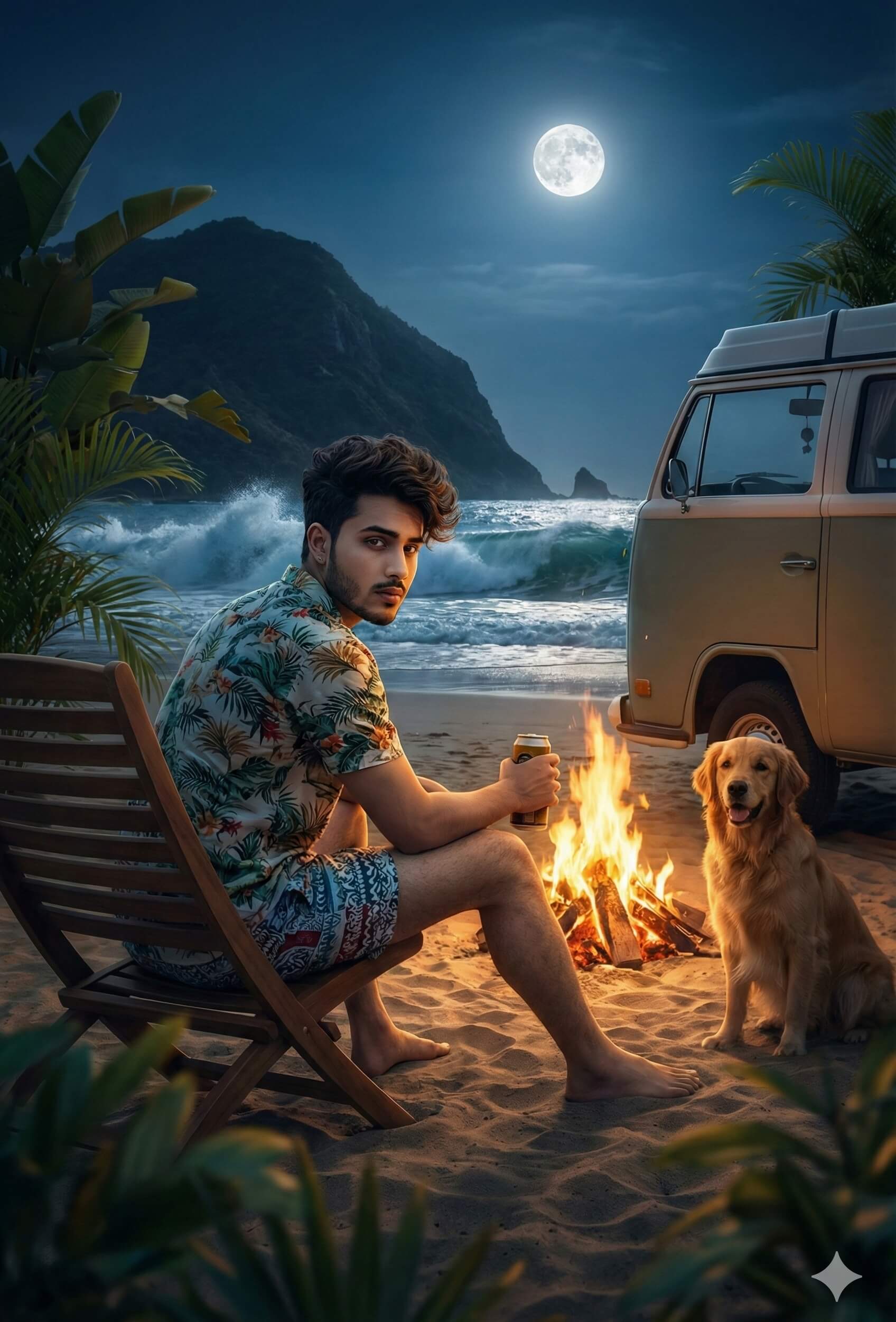 Night beach campfire